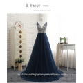 A-Line V-Neck Beading Crystal Long Formal Gown Navy Blue Prom Dress CWFP2437